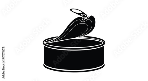 A stark black and white illustration depicts an open sardine can with a fish presented as a silhouette
