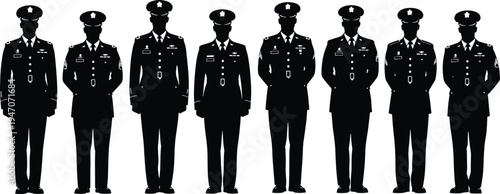 Group of military officers silhouettes standing in uniform isolated on white background, army personnel formation concept vector illustration