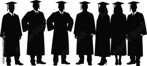Group of university graduates in cap and gown silhouettes isolated on white background, academic graduation ceremony vector illustration