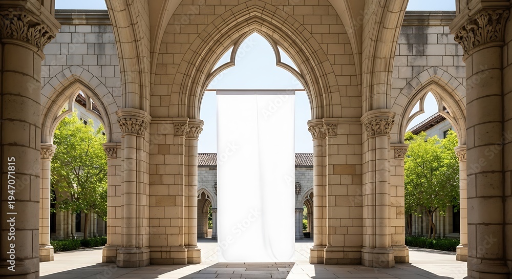 Fototapeta premium A serene courtyard with a large fountain surrounded by Gothic arches and columns in a historic stone building