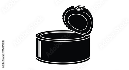 A stark black and white illustration depicts an open tin can showcasing its inner void as a silhouette