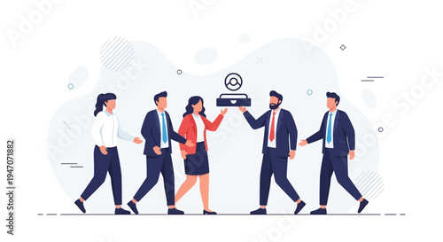 Business Team Handing Over Briefcase with Icon, Teamwork and Collaboration Concept