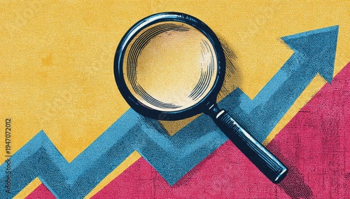 Magnifying Glass Over Upward Trending Arrow Chart Symbolizing Growth and Analysis.