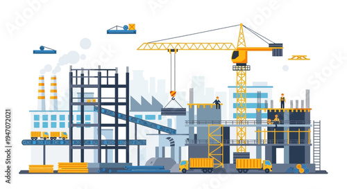 Flat Design Construction Site with Crane, Workers, and Industrial Building Progress