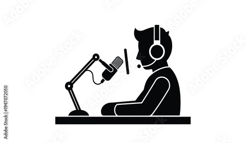 A silhouette of a podcaster wearing headphones and speaking into a professional boom microphone
