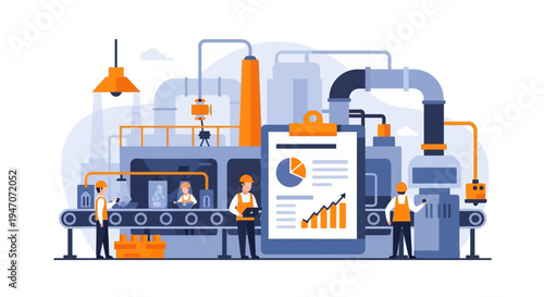 Factory Production Line with Workers Monitoring Data & Processes - Industrial Manufacturing Efficiency & Quality Control Illustration