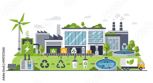 Sustainable Industry Ecosystem: Green Energy, Recycling, Water Treatment & Eco-Friendly Production Cycle in a Smart City Landscape