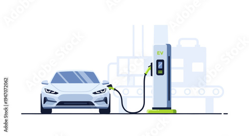 Electric Vehicle (EV) Car Charging at Public Station Illustration with Sustainable Green Energy Concept, Future Mobility
