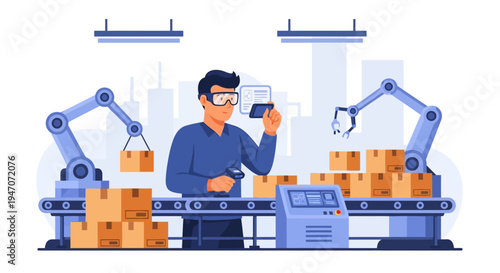 Automated Factory Logistics: Worker Using Scanner & AR for Inventory Management, Assisted by Robotic Arms on Conveyor Belt