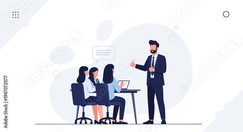 Business meeting: man presenting to women at table with laptop, thumbs up gesture