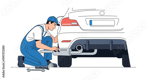Mechanic repairing car exhaust system.