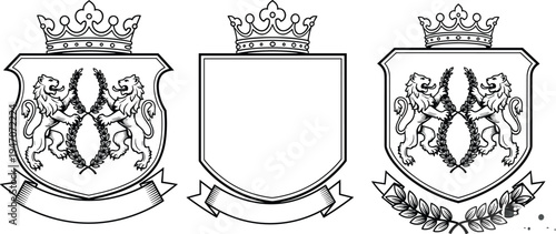 Heraldic shield crest collection vector illustration, royal crown lion emblem badges with ribbon banner and laurel wreath, vintage coat of arms