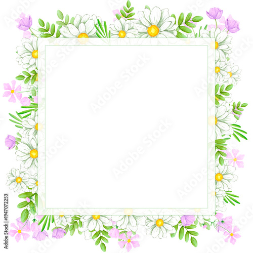 Tableau sur toile Hand drawn watercolor chamomile and wild flowers with leaves frame border composition