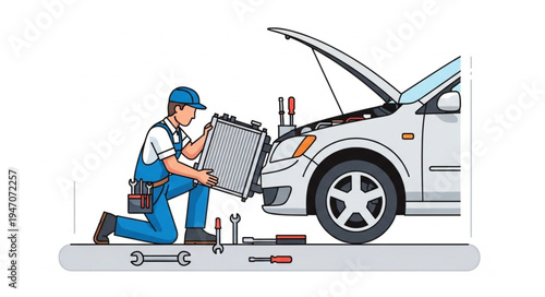 Mechanic repairing car radiator.