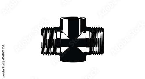 A detailed black and white illustration of a plumbing tee joint showcasing industrial design as a silhouette