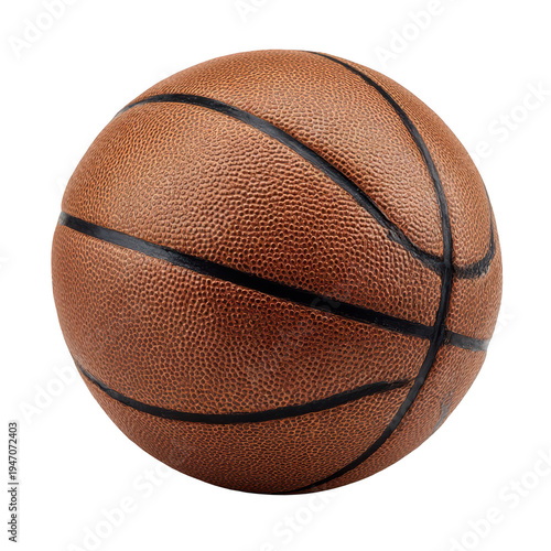 Brown basketball with black seams and textured surface isolated on a transparent background