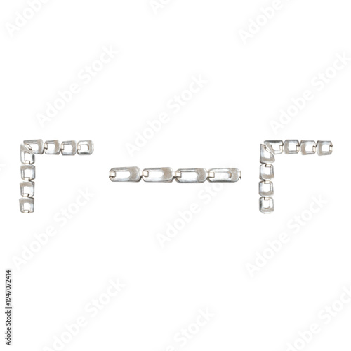 Three segments of a silver chain arranged in a minimalist, geometric layout on a plain white background. Two L-shaped corner pieces flank a horizontal straight segment in the center.