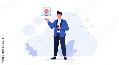 Man presenting video on laptop, digital marketing concept, online content creation