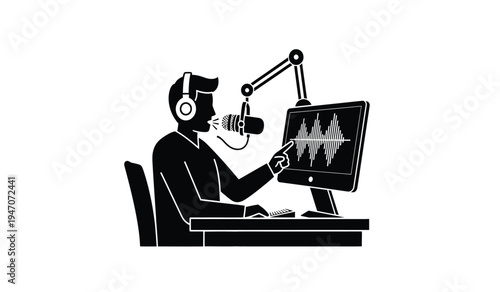 A male radio broadcaster wearing headphones and speaking into a professional microphone at a desk