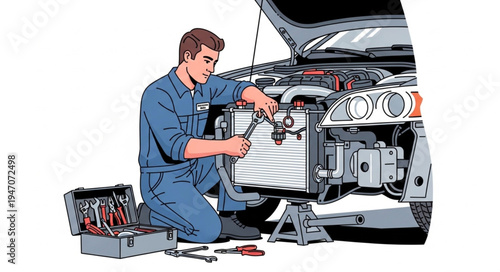 Mechanic repairing car radiator.