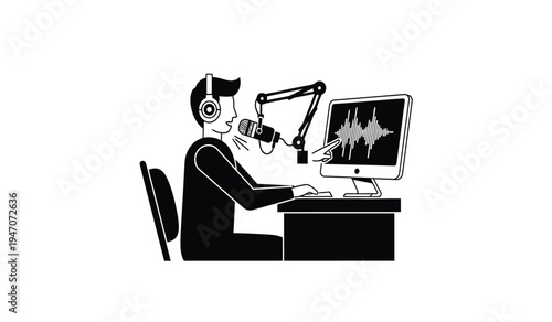 A podcaster wearing headphones recording audio content while sitting at a desk with a computer