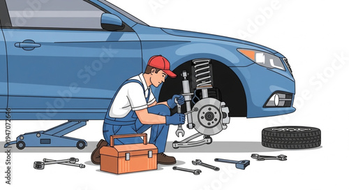 Mechanic repairing car engine.