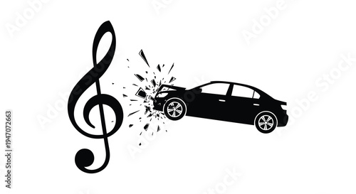 A musical clef symbol collides with a car creating a dramatic explosion of shattered glass silhouette high quality