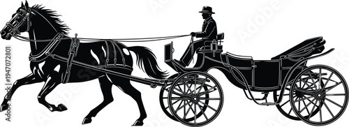 Horse drawn carriage silhouette with driver, vintage transportation wagon in motion, classic historical vehicle vector illustration isolated on white background