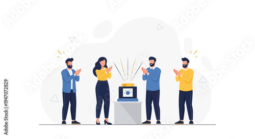 Team Applauding Product Launch Event, Celebrating Success, Innovation