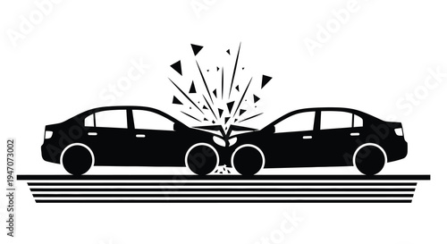 A dramatic depiction of a head on car collision with shattered glass shown in stark black silhouette