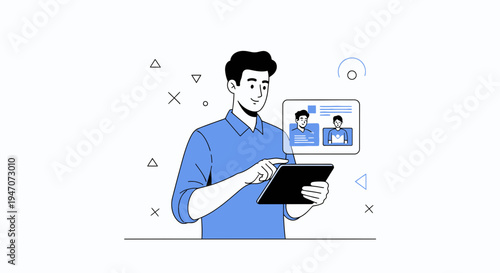 Man using tablet for online meeting with colleagues, remote work concept