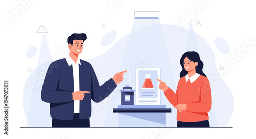 Man and woman pointing at display, business presentation, teamwork, modern flat illustration