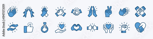 Set of clap and applause icon. Contains cheers hand, handshake, peace, thumbs up, love, care, passion, together, help, support, partnership, agreement, trust, cooperation, high five - vector
