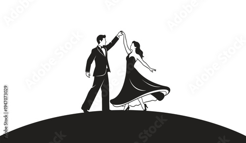 A black silhouette of a man and a woman dancing together on a curved horizon line under the light