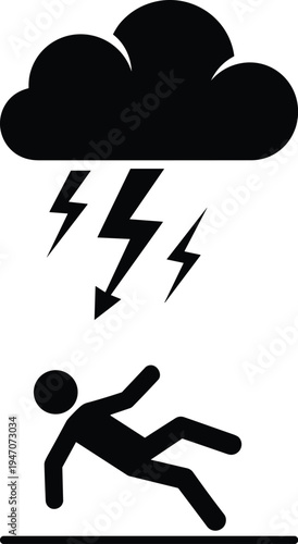Lightning strike hazard warning icon with thunderstorm cloud and falling person symbol representing electrical danger, storm risk and safety warning isolated background.