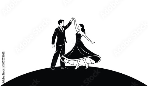 Elegant couple in formal attire performing a classic ballroom dance on a rounded dark surface