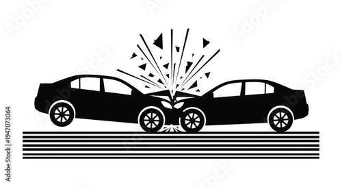 A dramatic depiction of two cars colliding head on with shattered glass presented as a striking silhouette