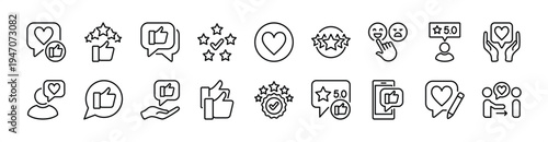 Good customer feedback thin line icon set. Client satisfaction, review, rating, experience, service, support contains five stars, thumbs up, like, love, happy, checkmark in social media  - vector