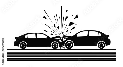A dramatic depiction of a head on car collision with shattered glass and debris in silhouette high quality