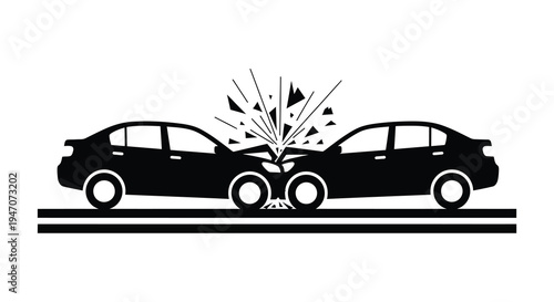 A dramatic illustration depicts two cars colliding head on with shattered glass fragments in silhouette high quality professional