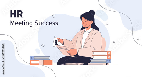 HR professional reviewing resumes, meeting success concept, illustration