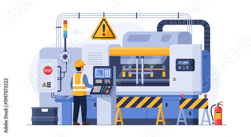Worker Operating Industrial CNC Machine in Factory. Manufacturing, Production, and Automation Technology Illustration.