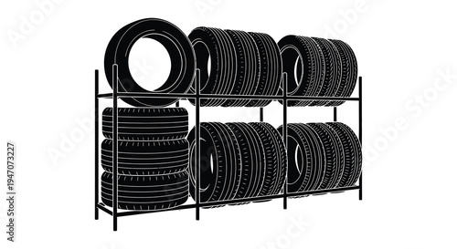 A stark arrangement of stacked tires on a metal rack is presented in a dramatic silhouette high quality