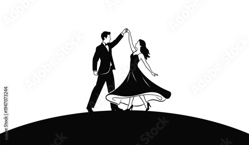 A black and white silhouette graphic of an elegant man and woman performing a ballroom dance step