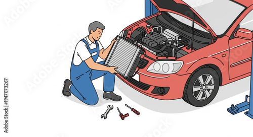 Mechanic repairing car engine.