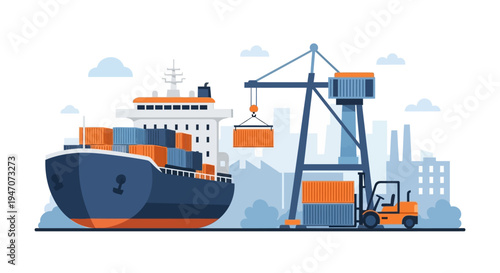 Global Shipping Logistics Illustration with Container Ship, Port Crane, and Forklift at Industrial Seaport Terminal, Representing International Trade