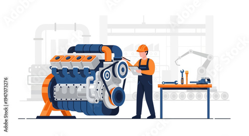 Industrial Engine Maintenance & Inspection: Technician Checking Machinery in Modern Factory with Tools and Automation