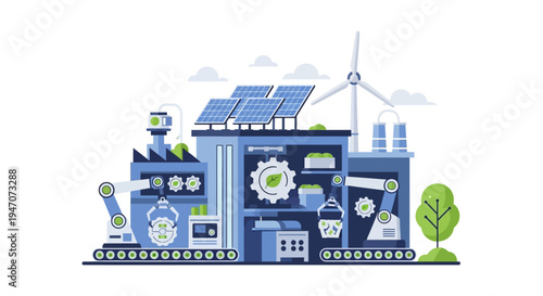 Eco-Friendly Smart Factory: Sustainable Manufacturing with Renewable Energy and Robotic Automation Vector Illustration