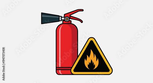 Essential fire safety equipment icon featuring a red extinguisher alongside a prominent yellow warning sign with a blazing flame symbol, indicating a fire hazard alert