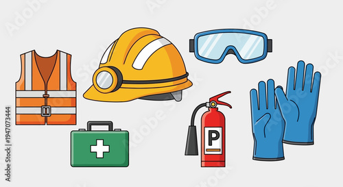 Safety equipment collection Hard hat, goggles, vest, gloves, first aid kit, and fire extinguisher for protection